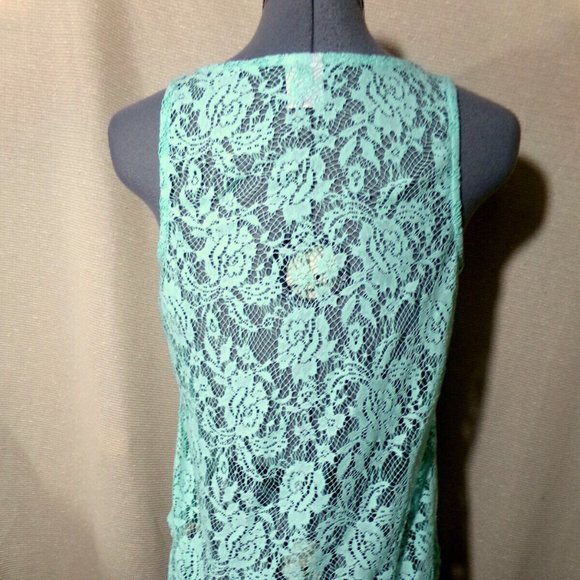 FREEZE Flag Crochet Lace trim Tank Top Jr. L Mint Green Sheer back Scoop neck - Picture 4 of 6